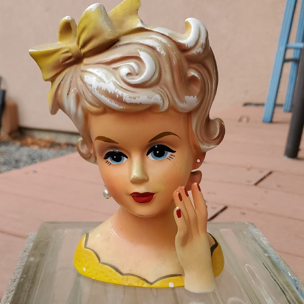 Vintage Lady Head Vase with Yellow Bow